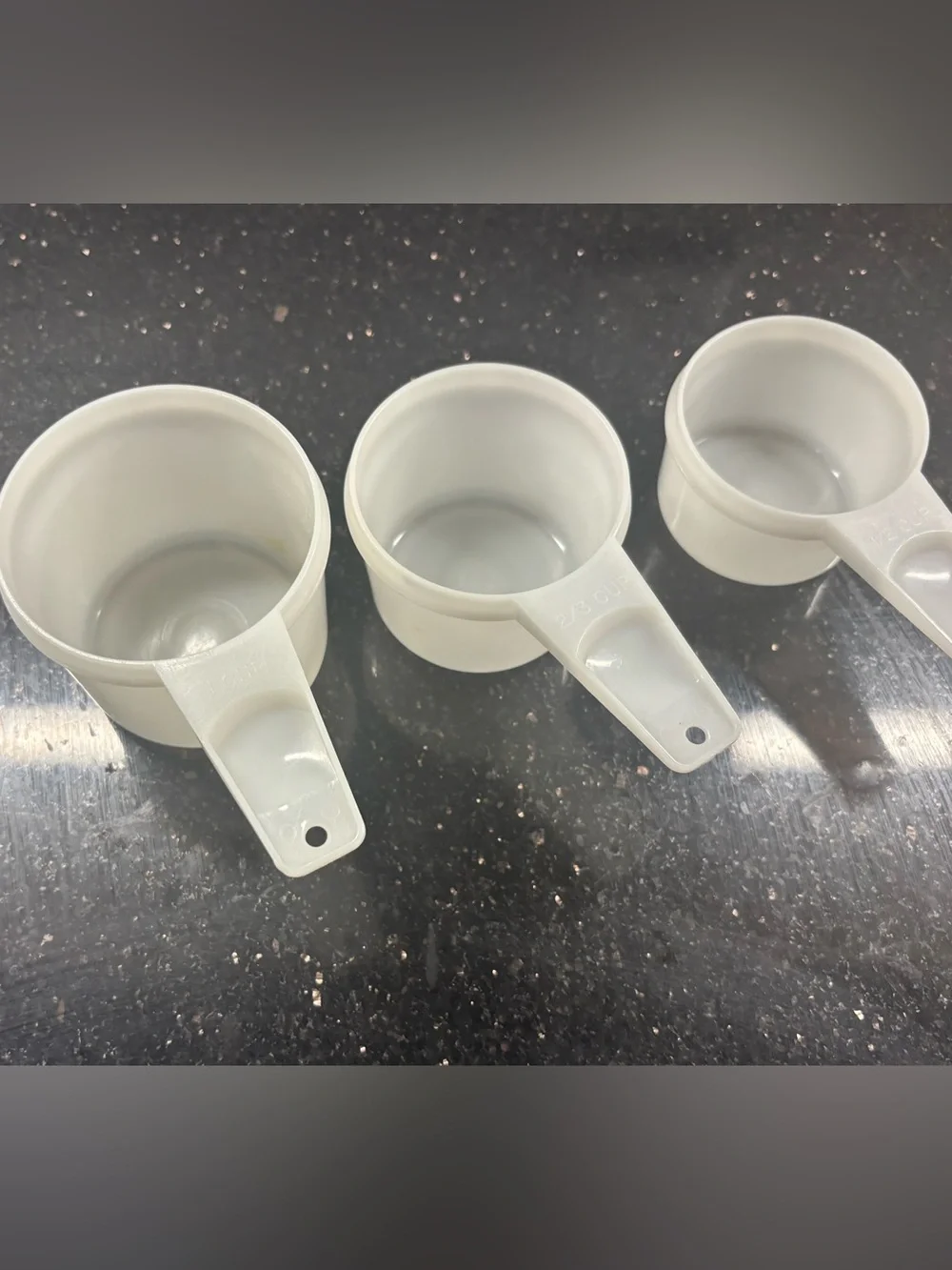 Tupperware White Plastic Measuring Cups Set of 3- 1 cup, 2/3, and 1/2 cup